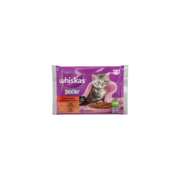 5900951305122 WHISKAS POUCHES 4X85GR 2-12 JUNIOR BEEF & CHICKEN IN GRAVY BBD 20/05/27 ( 1 X 13 ) - Image 1