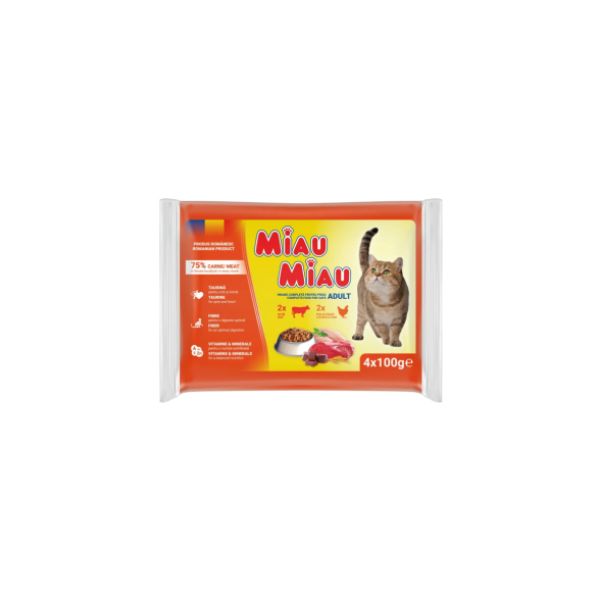 5949060225129 MIAU MIAU POUCHES 4X100GR BEEF & CHICKEN-LIVER BBD 20/05/27 ( 1 X 13 ) - Image 1
