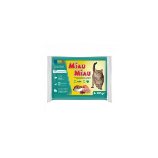 5949060225136 MIAU MIAU POUCHES 4X100GR SALMON & TURKEY BBD 20/05/27 ( 1 X 13 ) - Image 1