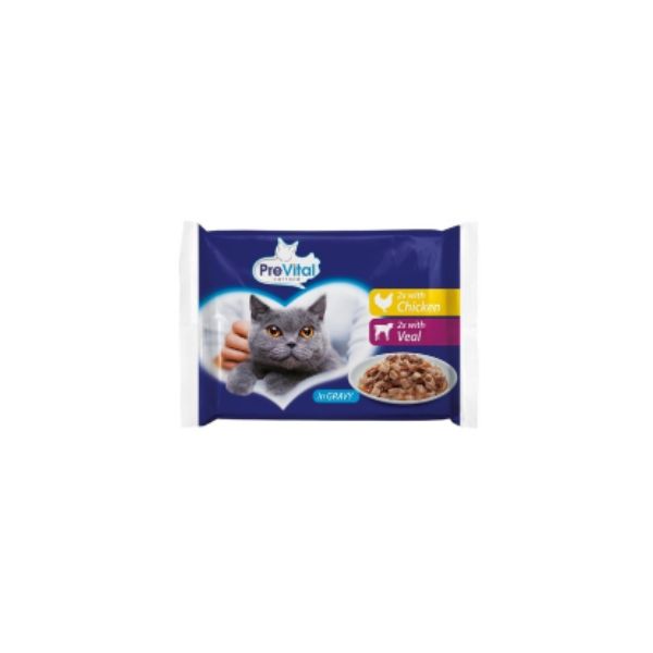 5999508138894 PREVITAL CAT POUCHES 4X100GR CHICKEN&BEEF IN GRAVY BBD 24/04/27 ( 1 X 13 ) - Image 1