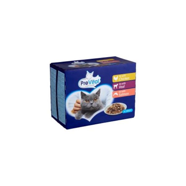 5999546170078 PREVITAL CAT POUCHES 12X100GR CHICKEN&VEAL&SALMON IN GRAVY BBD 09/04/27 ( 1 X 4 ) - Image 1