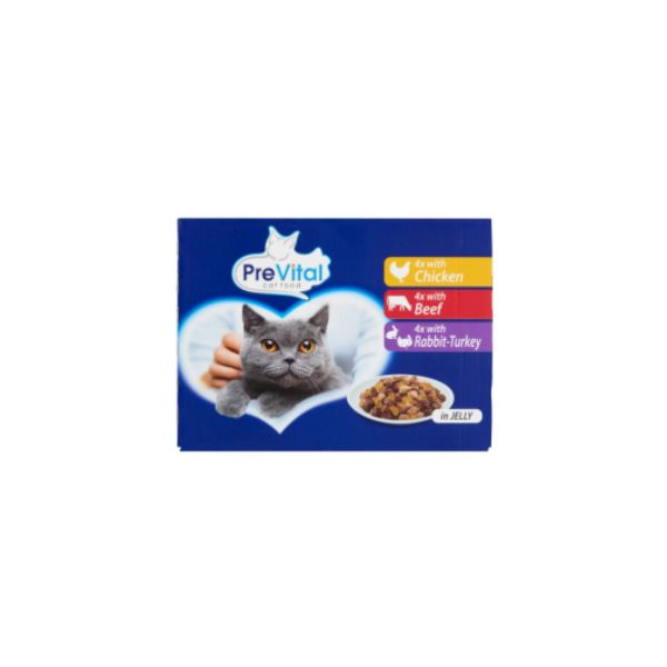 5999546172065 PREVITAL CAT POUCHES 12X100GR CHICKEN&BEE&RABBIT&TURKEY IN JELLY BBD 08/04/27( 1X 4 ) - Image 1