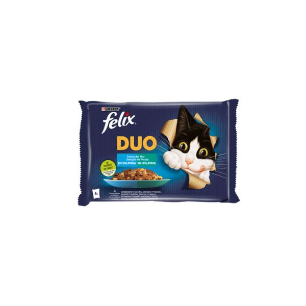 7613287492104 FELIX POUCHES 4X85GR DUO FISH SELECTION ( SALMON-TROUT-HERRING-COAT ) IN JELLY BBD 05/27 ( 1 X 12 ) - Image 1