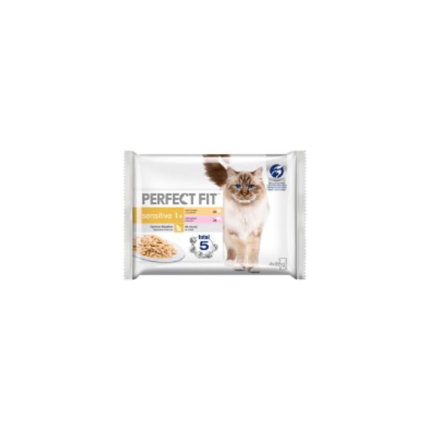 8410136010422 PERFECT FIT CAT POUCHES 4X85GR SENSITIVE CHICKEN & SALMON IN SAUCE BBD 20/03/27 ( 1 X 13 ) - Image 1