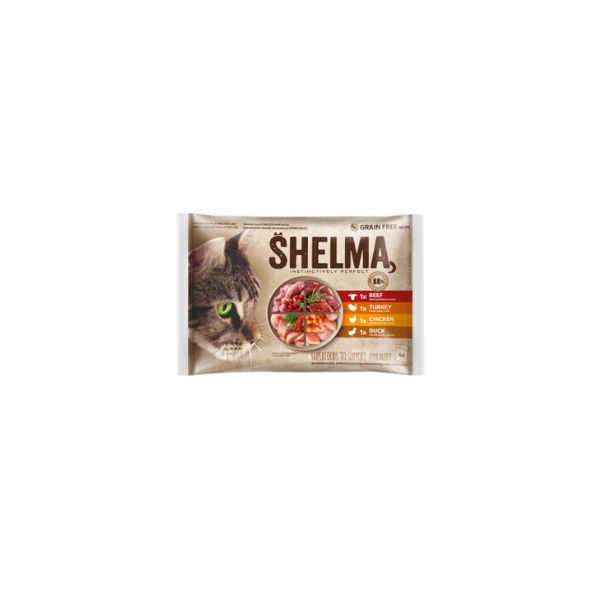8595606406728 SHELMA CAT POUCHES 4X85GR BEEF&TURKEY&CHICKEN&DUCK (GRAIN FREE) BBD 04/11/26 ( 1 X 15 ) - Image 1