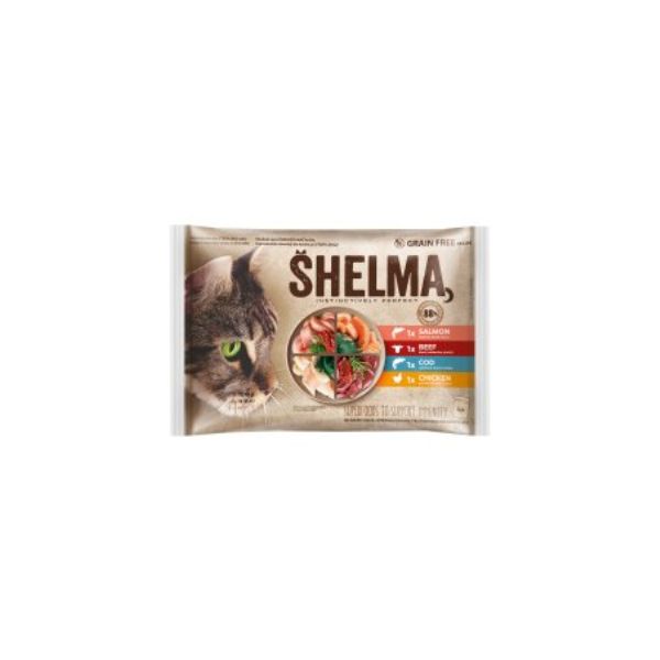 8595606406735 SHELMA CAT POUCHES 4X85GR MEAT&FISH (GRAIN FREE) BBD 23/09/26 ( 1 X 15 ) - Image 1