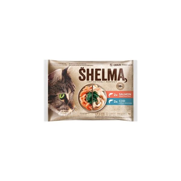 8595606406742 SHELMA CAT POUCHES 4X85GR SALMON&COD (GRAIN FREE) BBD 23/09/26 ( 1 X 15 ) - Image 1