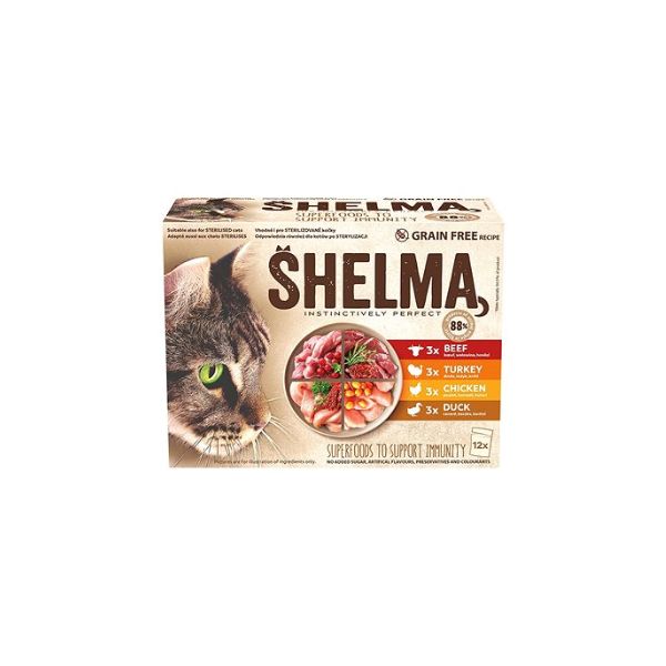 8595606406766 SHELMA CAT POUCHES 12X85GR BEEF-TURKEY-CHICKEN-DUCK BBD 21/03/27 ( 1 X 4 ) - Image 1