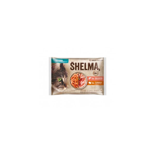 8595606406988 SHELMA CAT POUCHES 4X85GR KITTEN SALMON&TURKEY (GRAIN FREE) BBD 16/03/27 ( 1 X 15 ) - Image 1