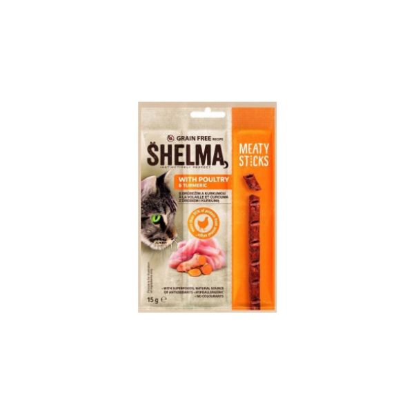 8595606407244 SHELMA CAT MEAT STICKS 15GR WITH POULTY & TURMERIC GRAIN FREE BBD 04/26 ( 1 X 30 ) - Image 1