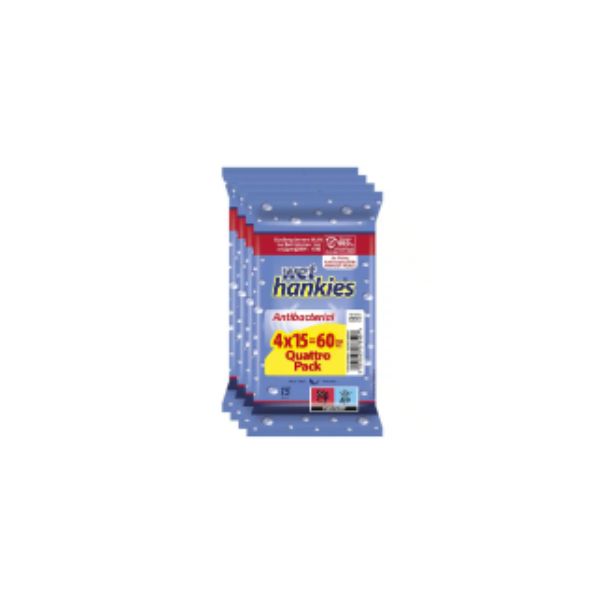 5201263078507 WET HANKIES ANTIBACTERIAL 4PACK BLUE 15S ( 1 X 24 ) - Image 1